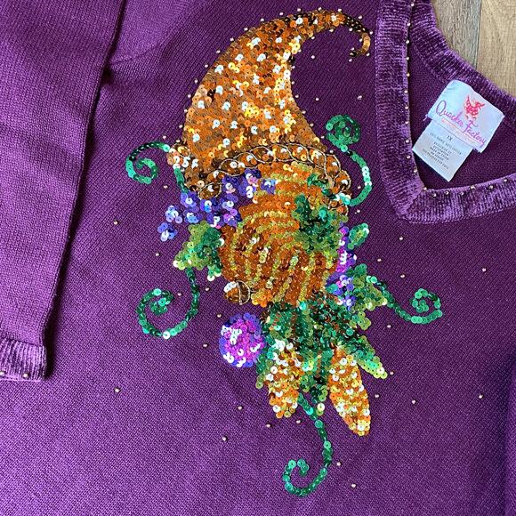 Quacker Factory Women's Plum Embellished Autumn Cornucopia V Neck Sweater 1X - Picture 4 of 12